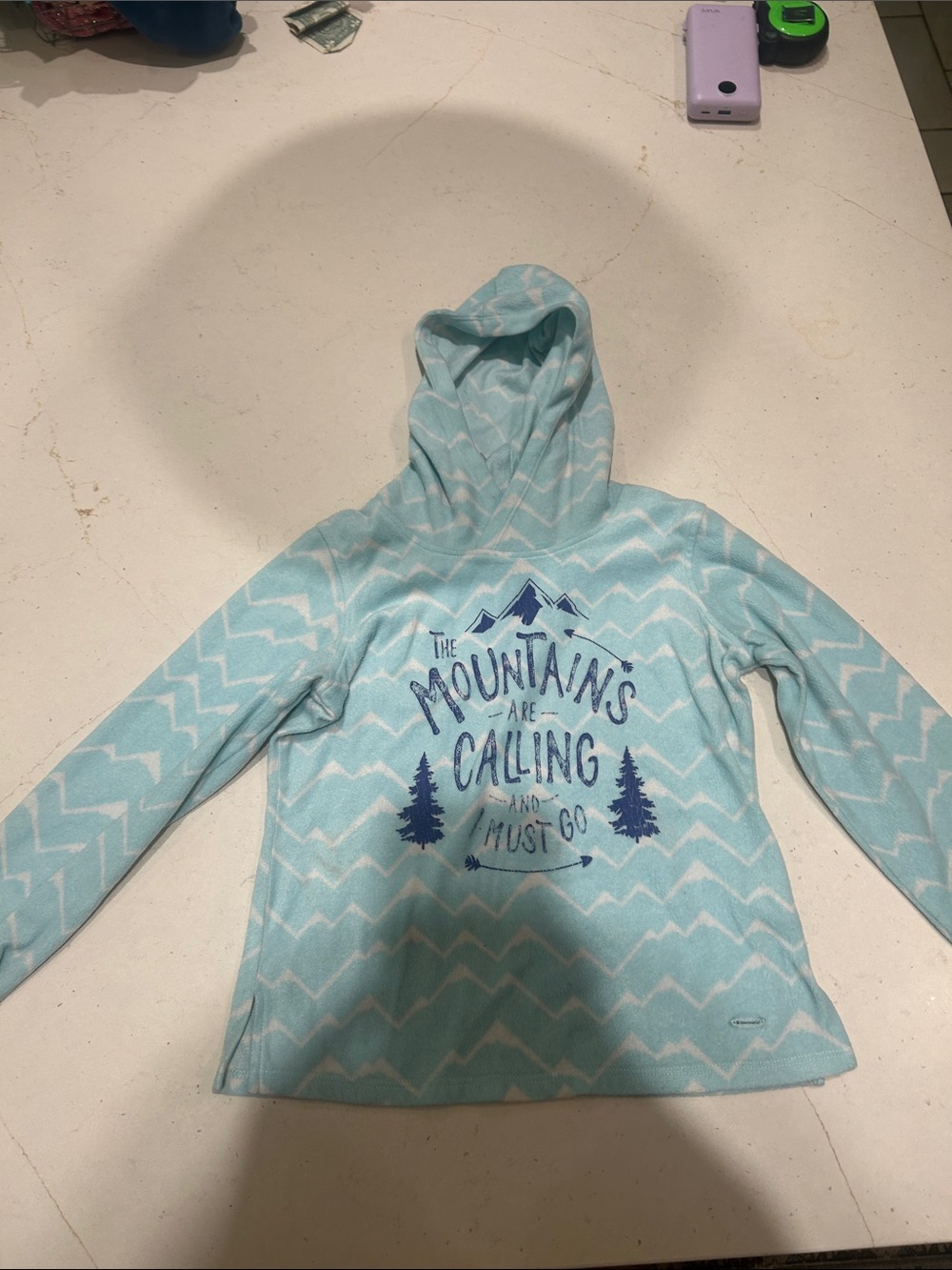 American Girl Light Aqua Hooded Pullover with Mountain Graphic